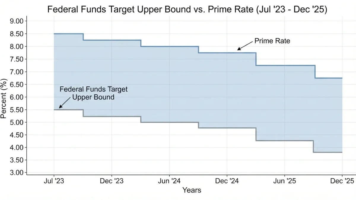Step chart comparing prime rate and fed funds upper bound 2023 to 2025