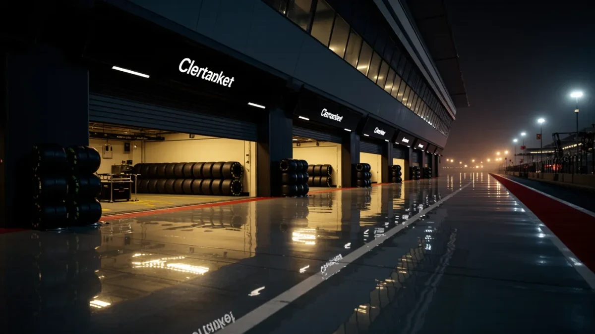 Empty Formula 1 pit lane garages glowing under lights at night