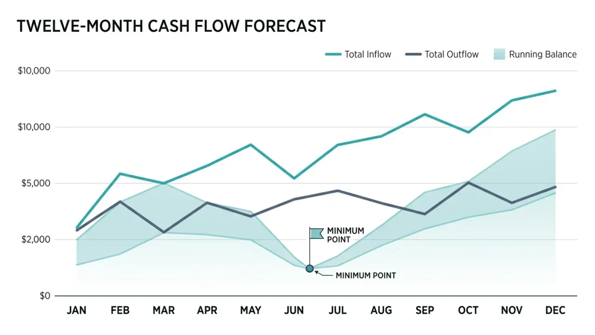 Infographic of monthly cash in, out, and running balance