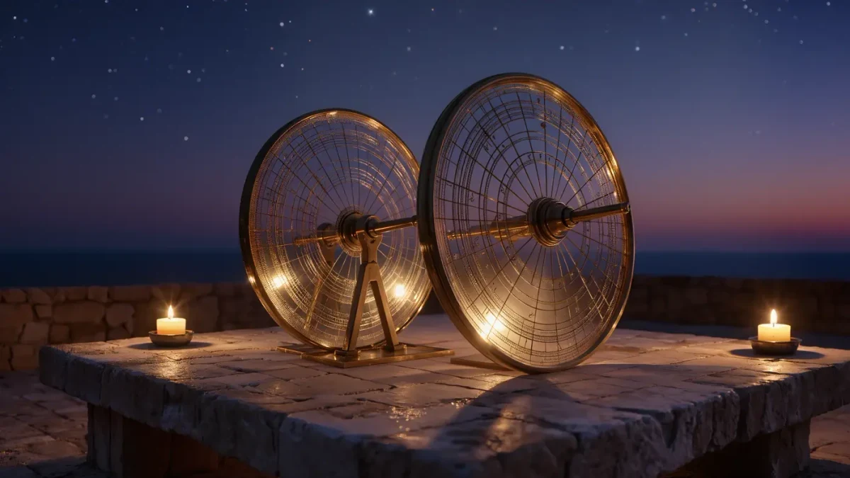 Two overlapping chart wheels under a starry twilight sky, no people
