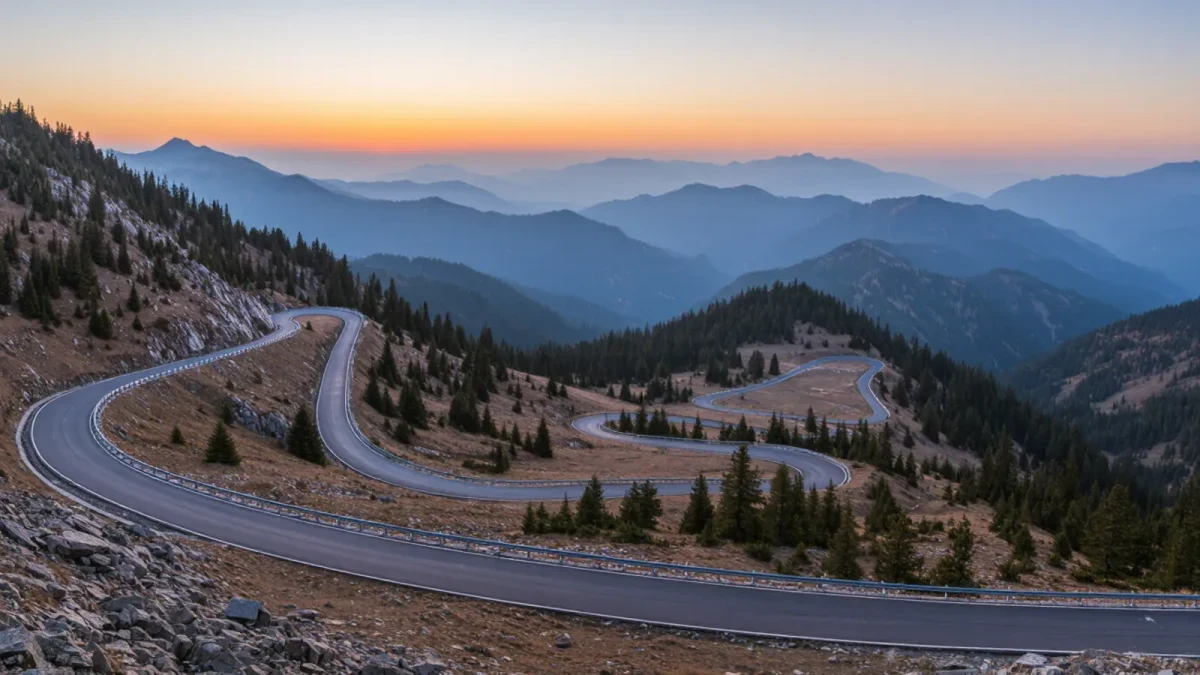Empty mountain road at dawn above the cloud line