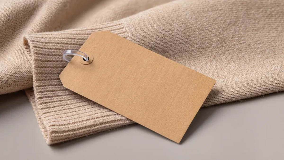 Close-up of a paper price ticket stitched onto a wool sweater