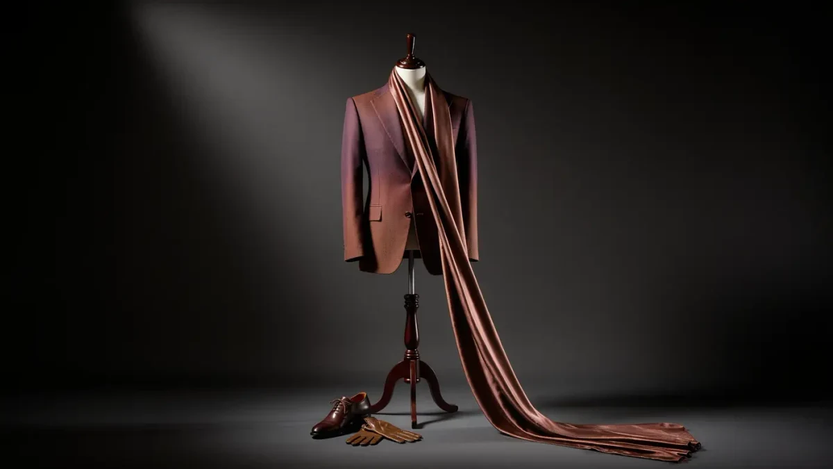 Tonal brown tailored suit on a dress form with draped silk collar in studio light