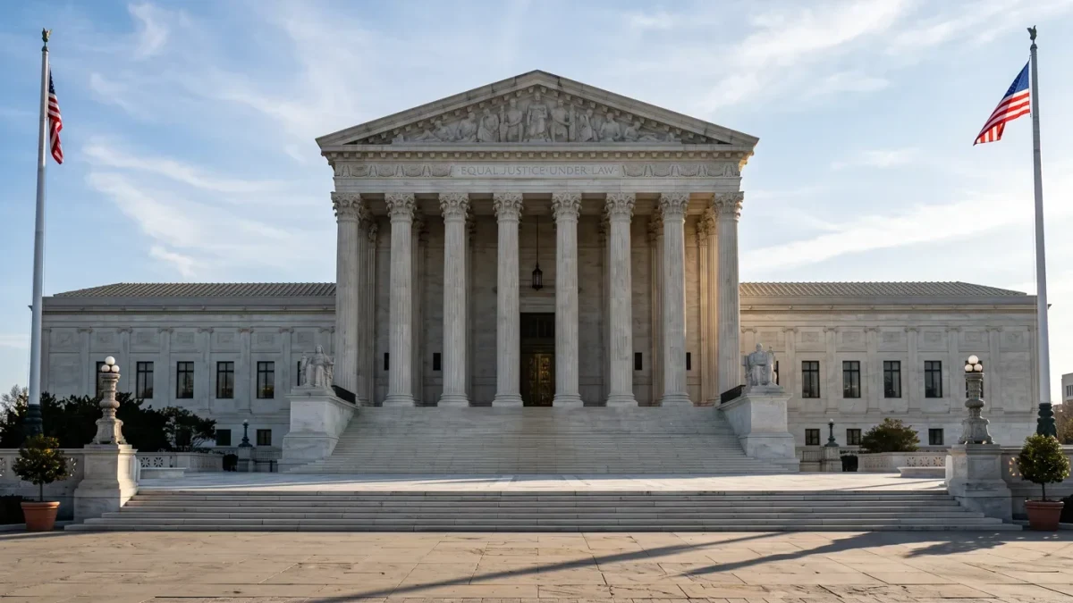 Supreme Court building facade under clear morning sky
