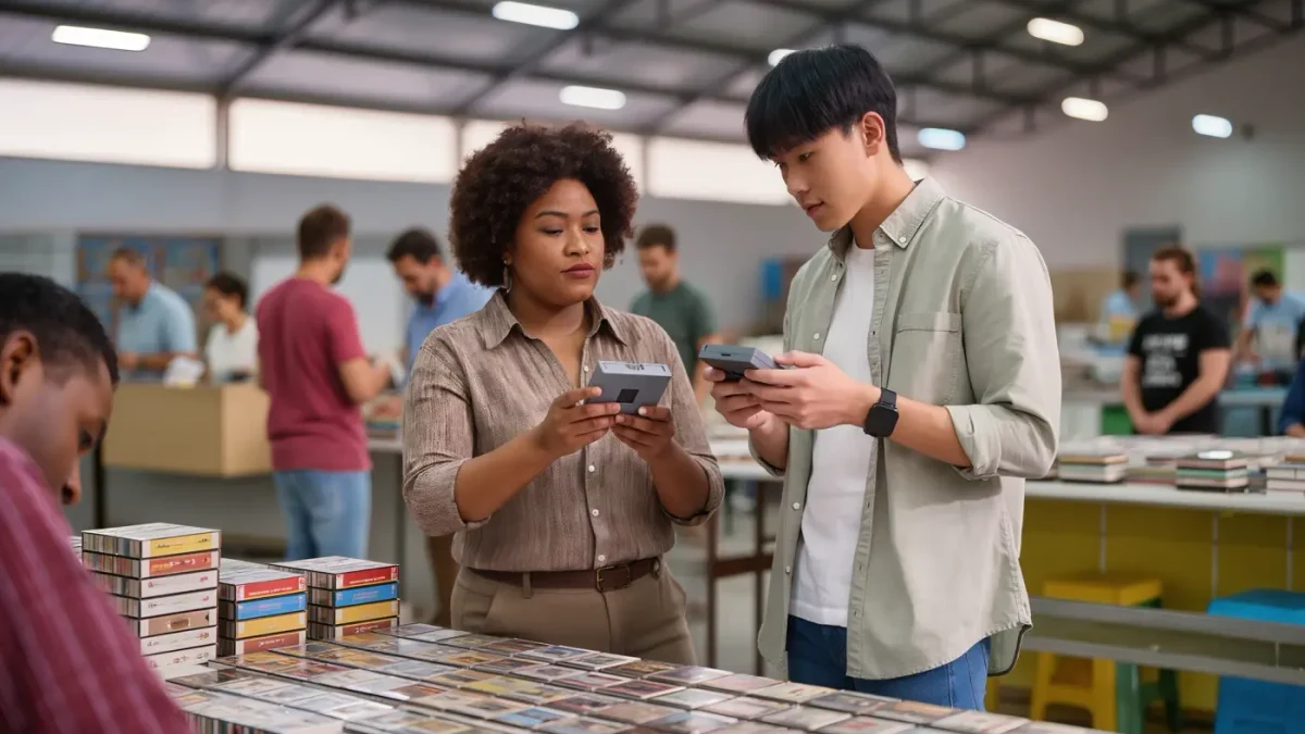 Collector inspecting a vintage cartridge at a show table