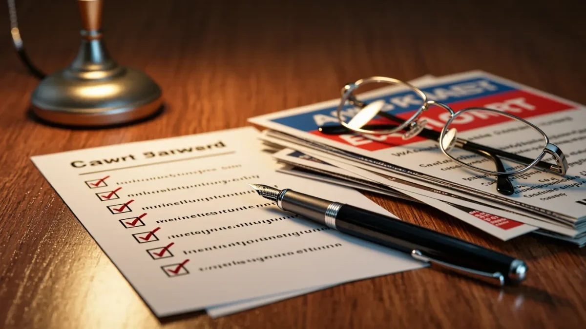 Close-up of a paper ballot and pen on an analyst desk