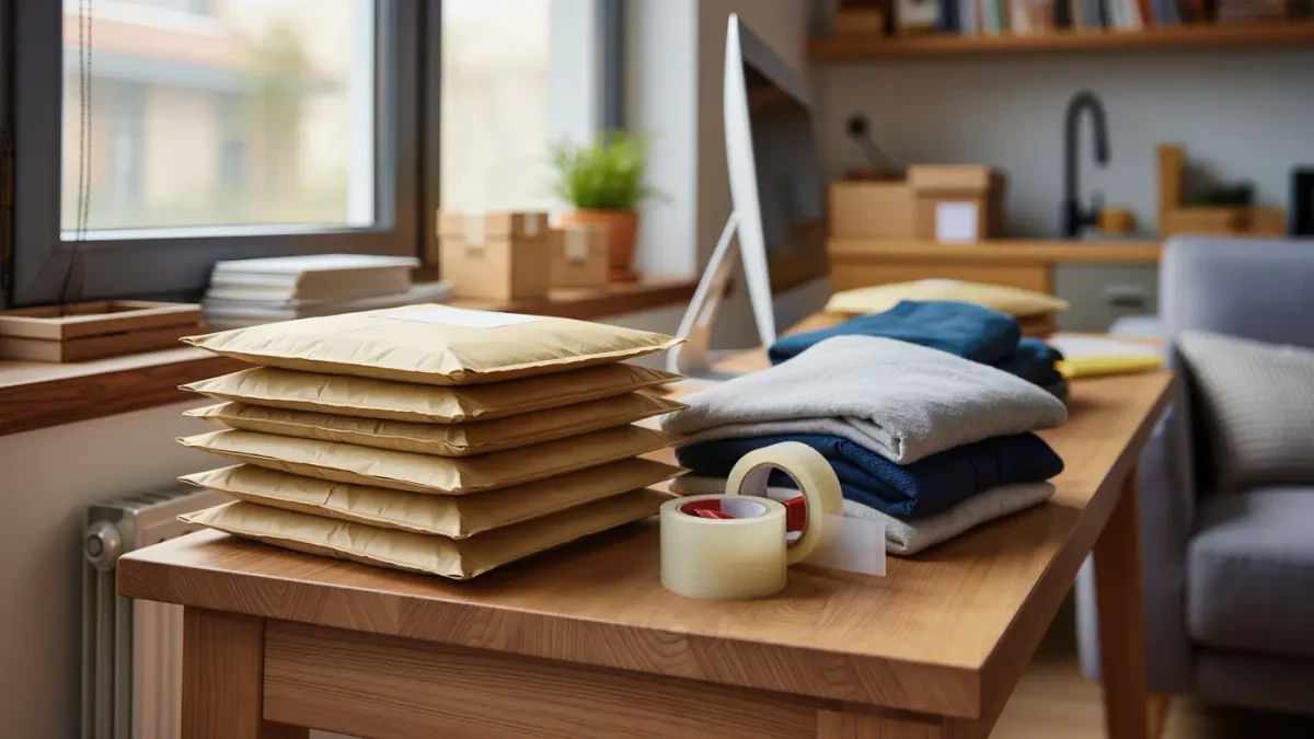Sunlit shipping corner with padded mailers, folded garments ready for resale parcels