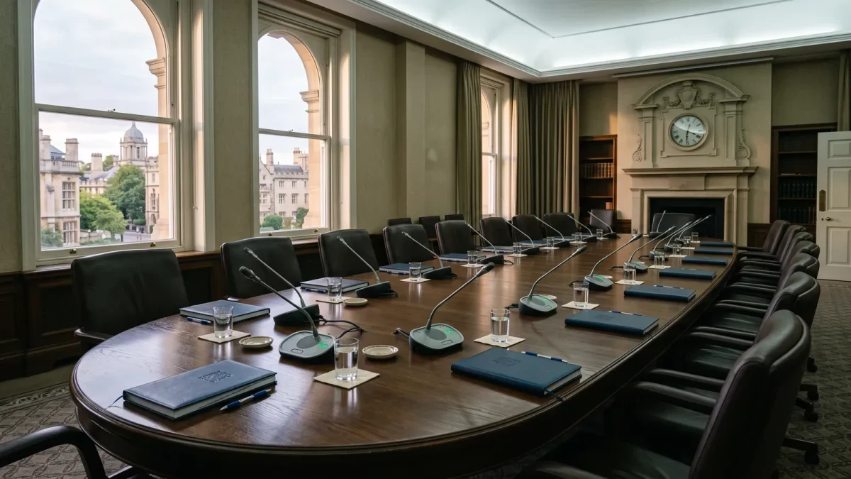 Empty committee meeting room with a long oval table under cool light