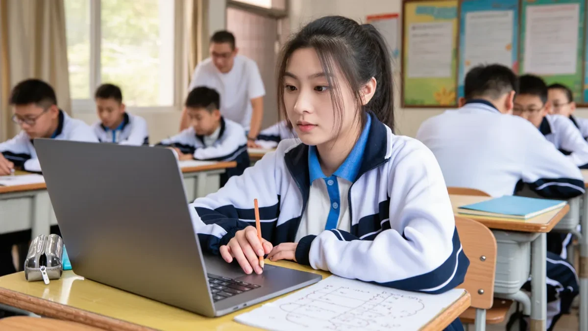 Student solving adaptive math problems on a classroom laptop