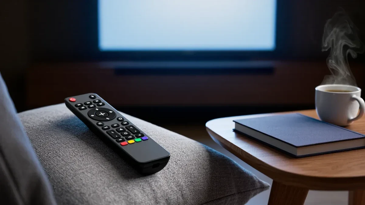 Television remote and closed notebook beside a glowing screen
