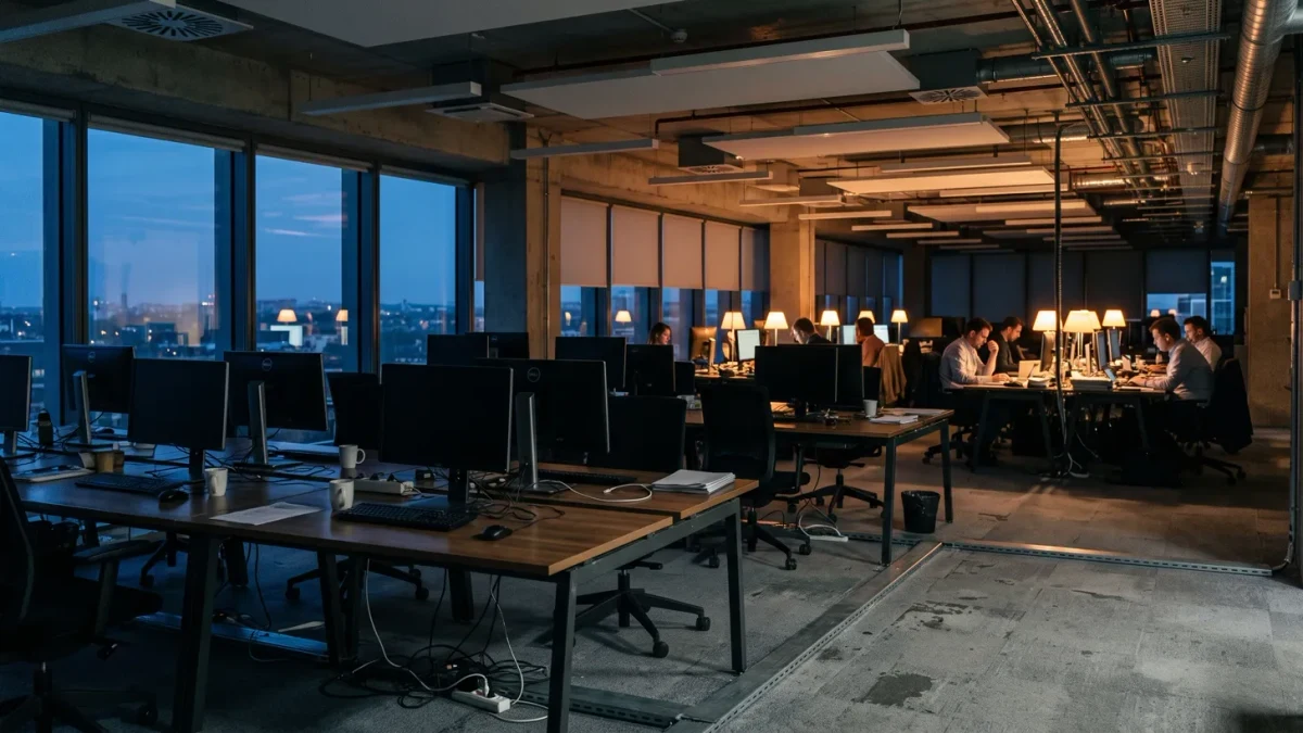 Quiet newsroom with empty desks in evening light