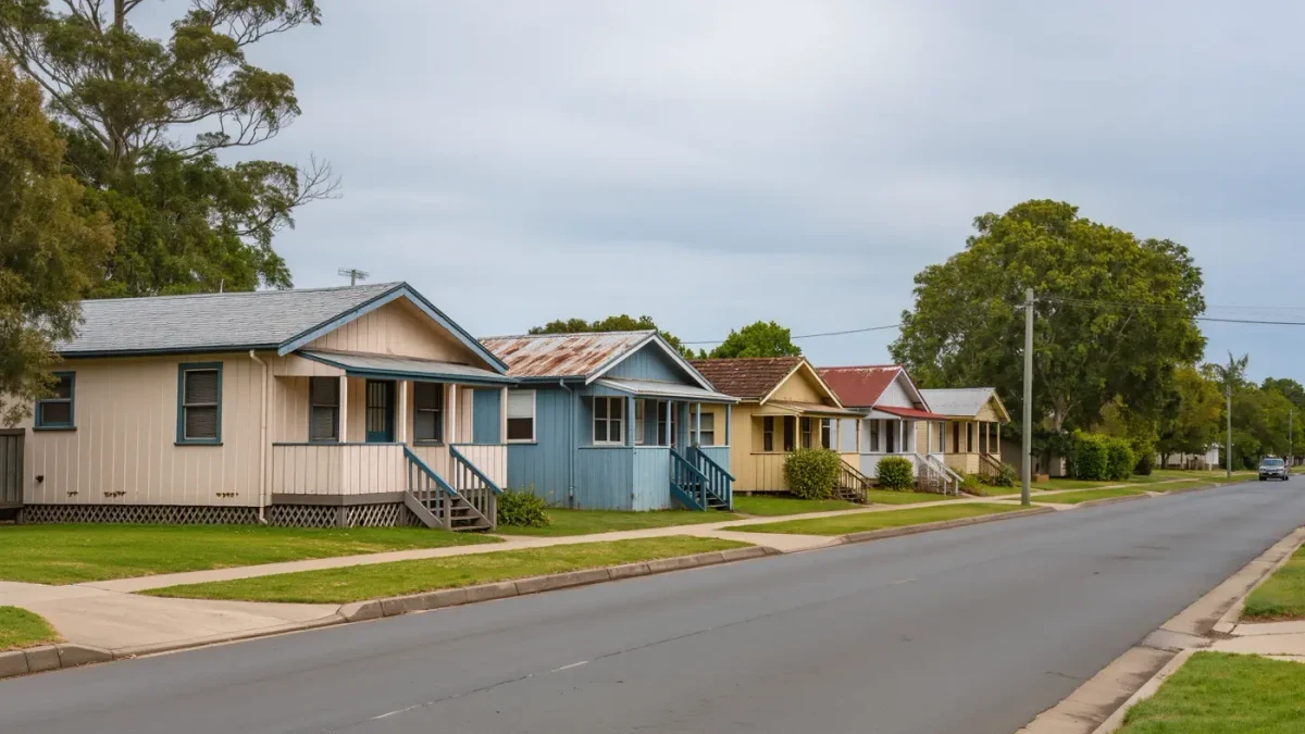 Row of older single-family rental houses along a suburban street