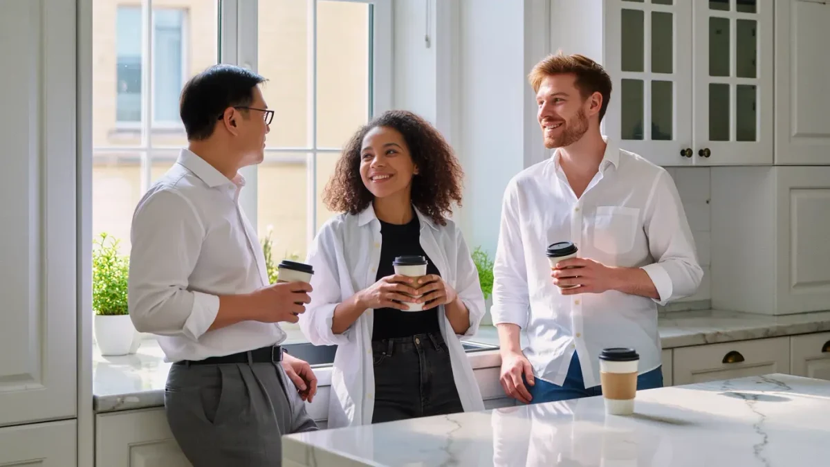 Three people in a sunlit kitchen each wearing a white shirt styled differently — tucked, oversized open, half-unbuttoned