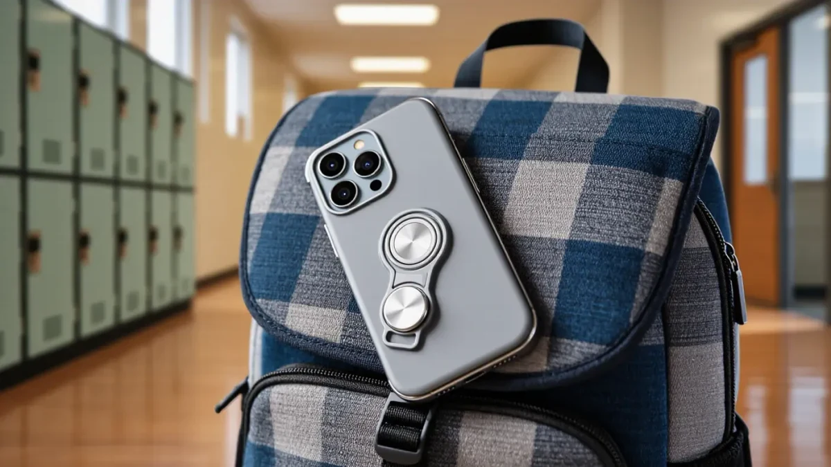 Smartphone locked inside a magnetic pouch close-up