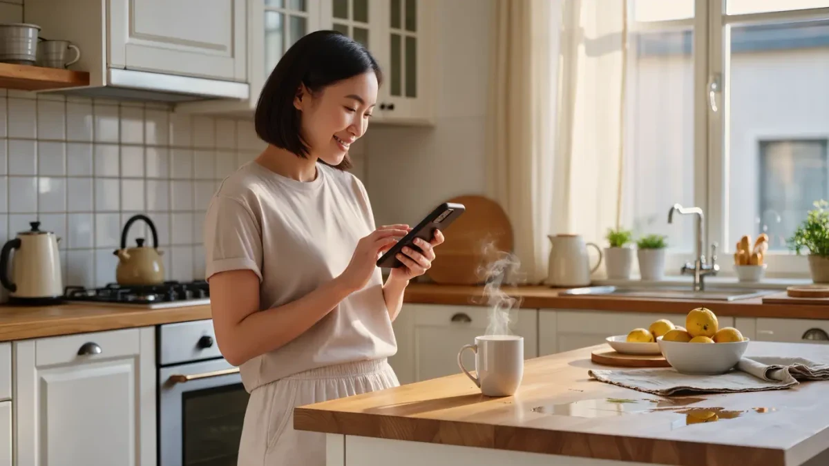 Creator reviewing privacy settings on her phone in morning kitchen light