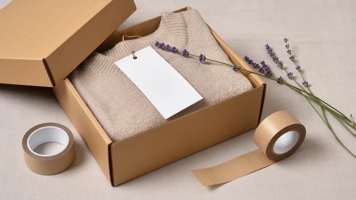 Folded garment packed in an open kraft box with a blank return label