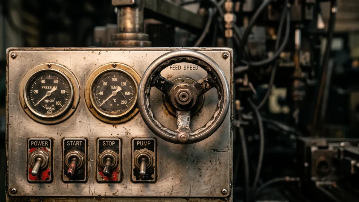 Machine gauge panel and operator controls close-up