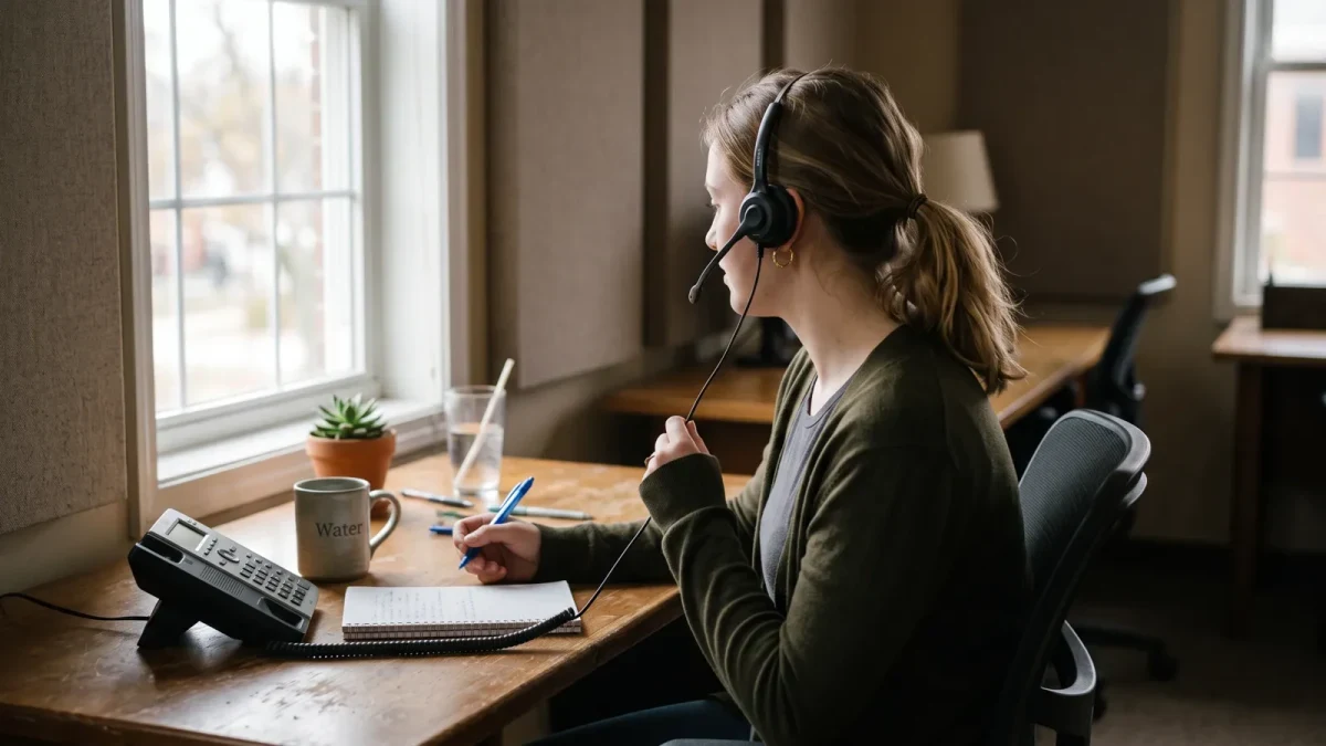 Quiet scene of a crisis-line volunteer wearing a headset by a window