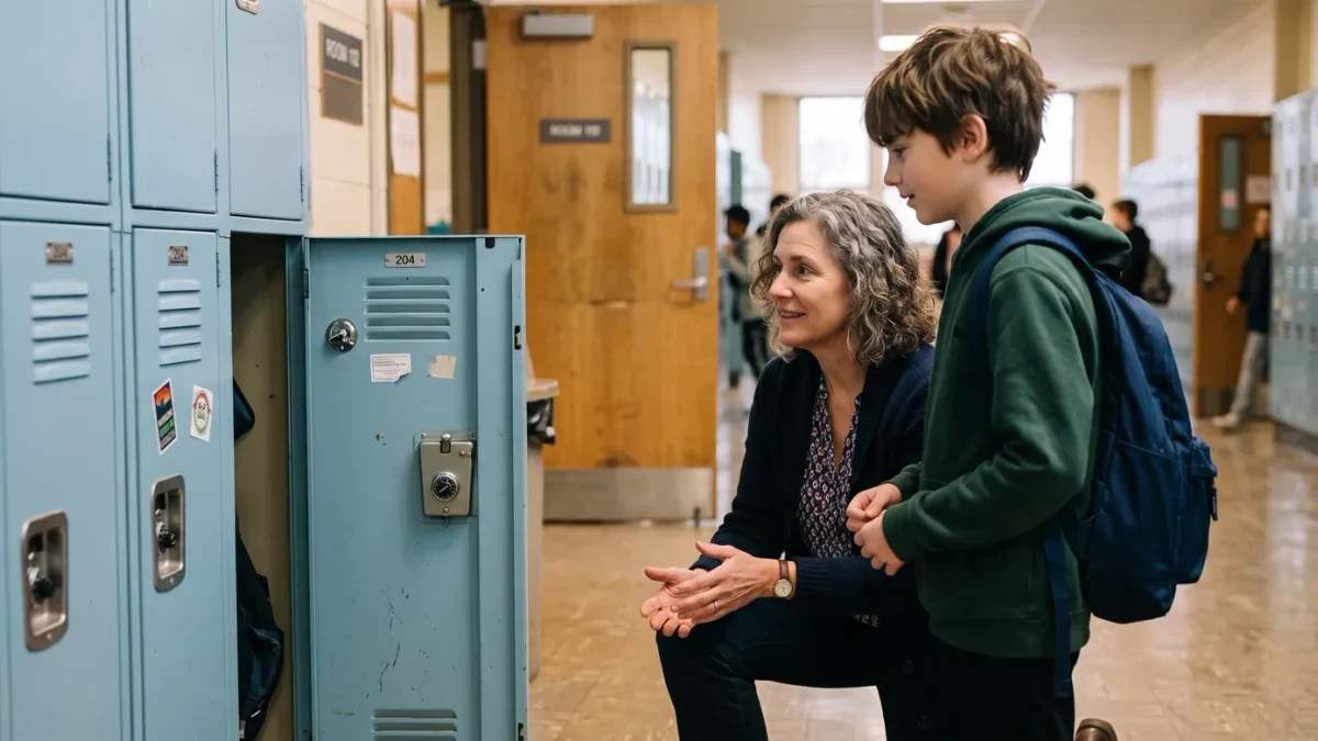 Attendance mentor checking in with a student in a school hallway
