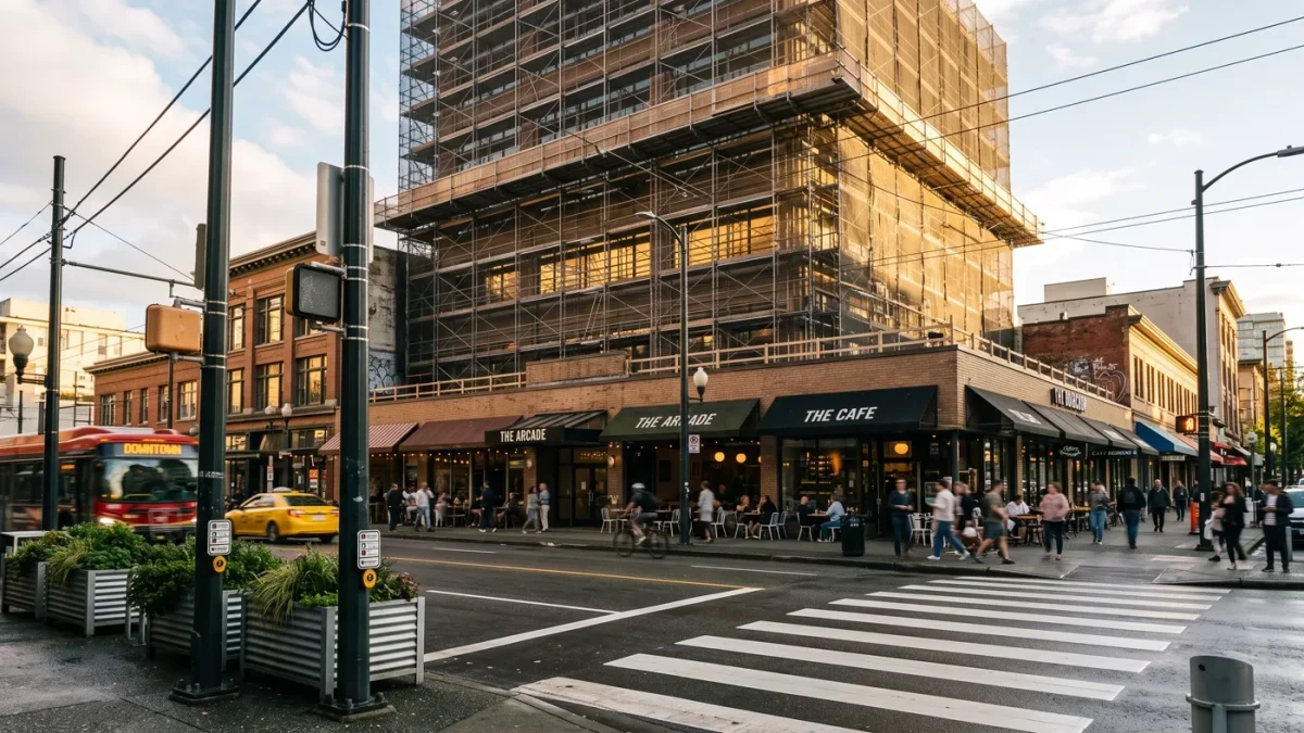 City street with active ground-floor cafés and scaffolding on a tower