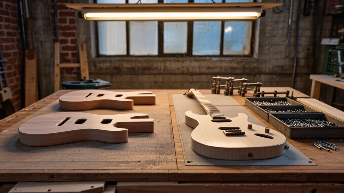 Guitar workshop bench with detached necks and body pockets