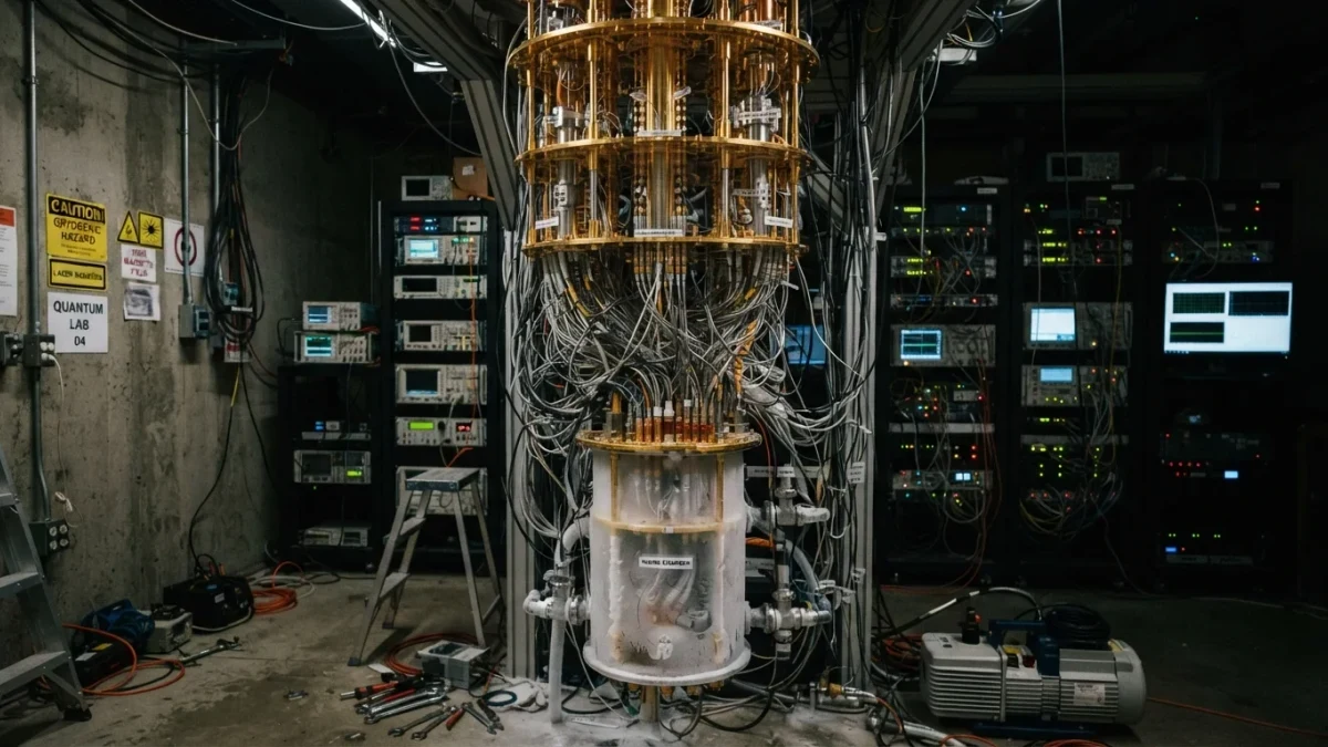 Dilution refrigerator and control electronics inside a quantum computing laboratory