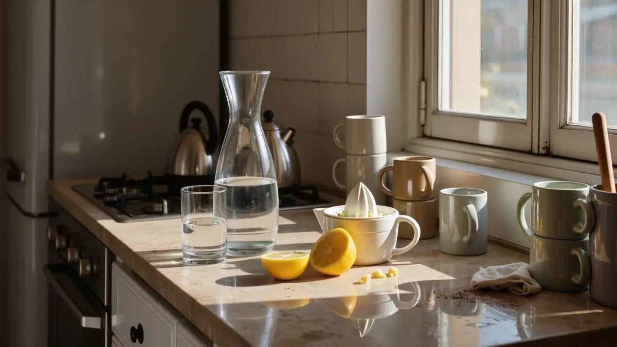 Office kitchen counter with water carafe, glass, kettle and lemons