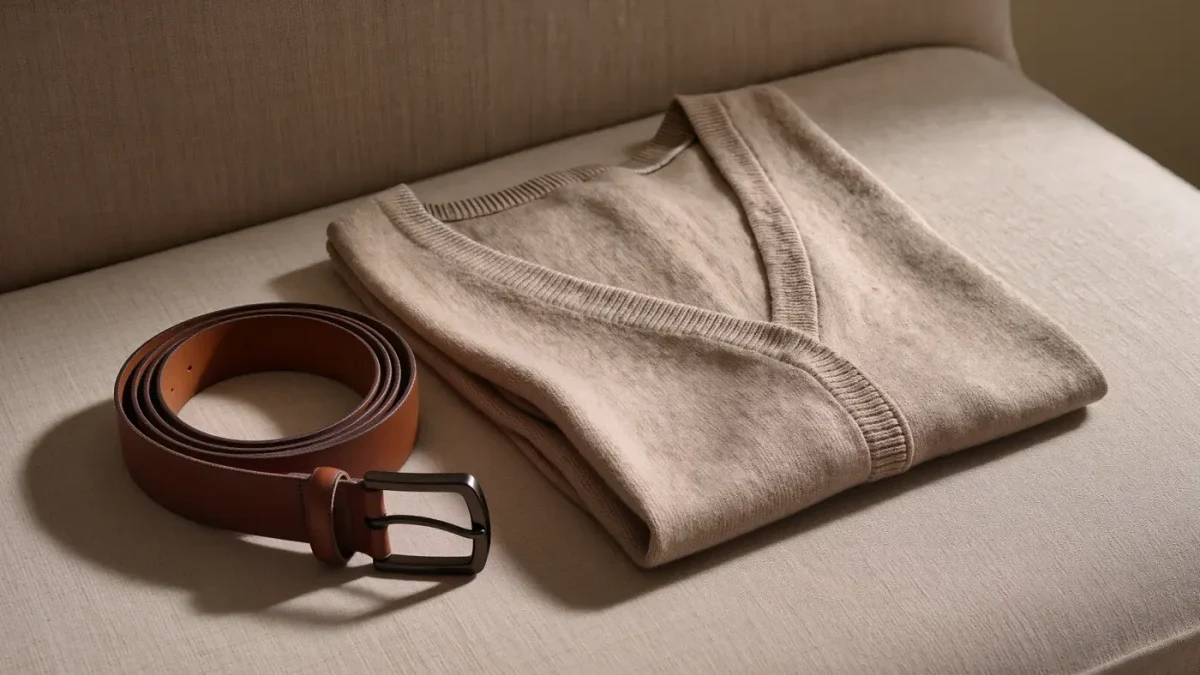 Folded oatmeal cashmere sweater in close view showing fine seam and texture