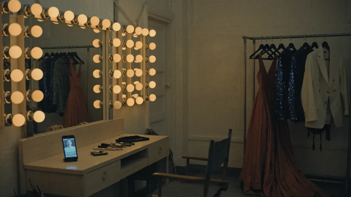Empty backstage dressing room with a phone showing social media