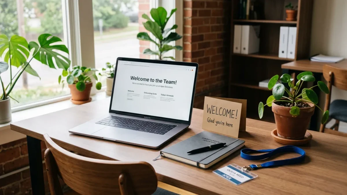 Empty onboarding desk with welcome kit, laptop and plant by window