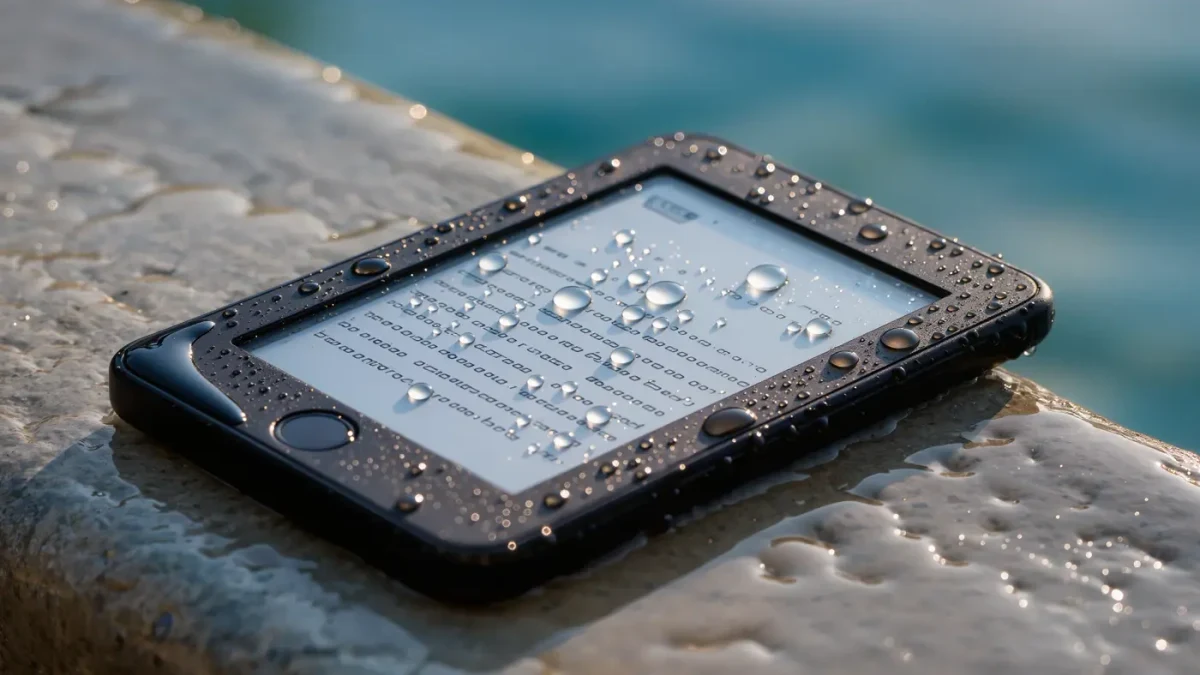Water droplets beading on e-reader screen beside pool