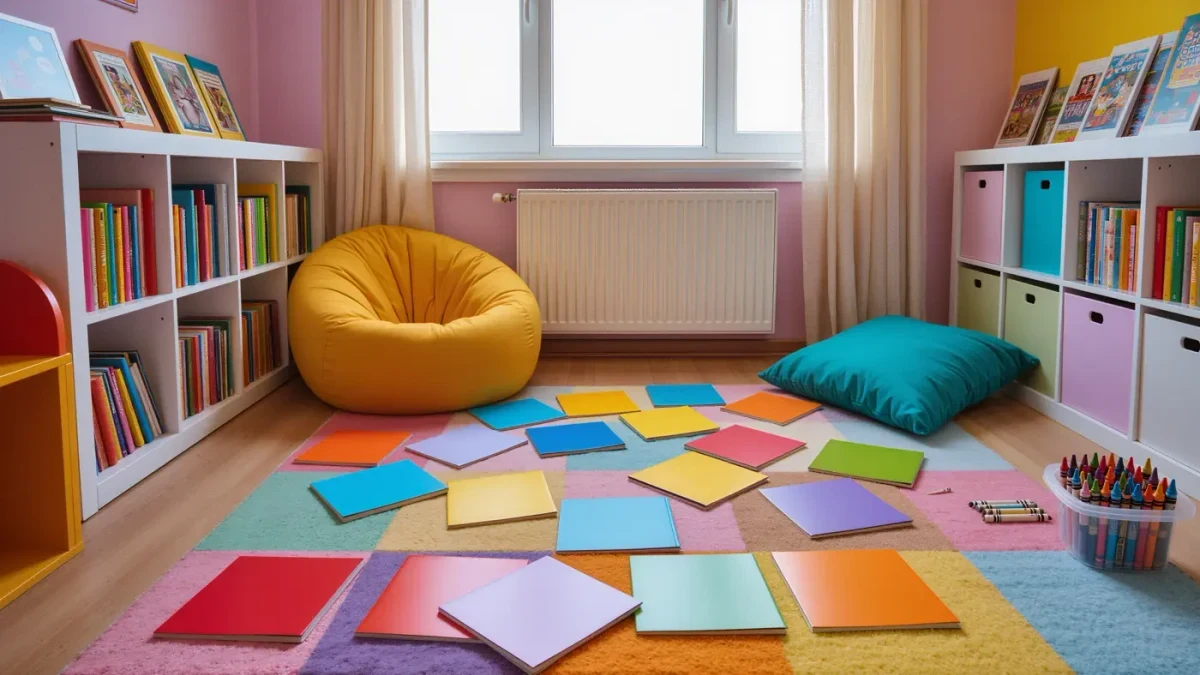 Children's reading nook with colorful graphic novels scattered on rug