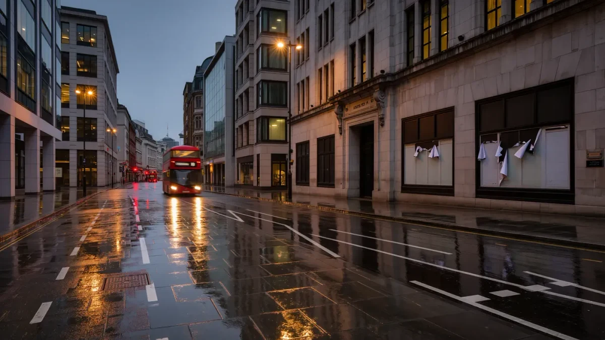 Rainy London street with a closed bank branch at dusk