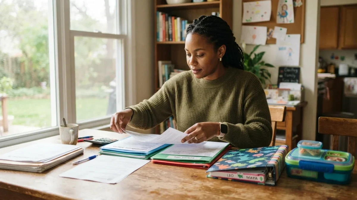 Parent organizing family tax documents at a dining table with school binders