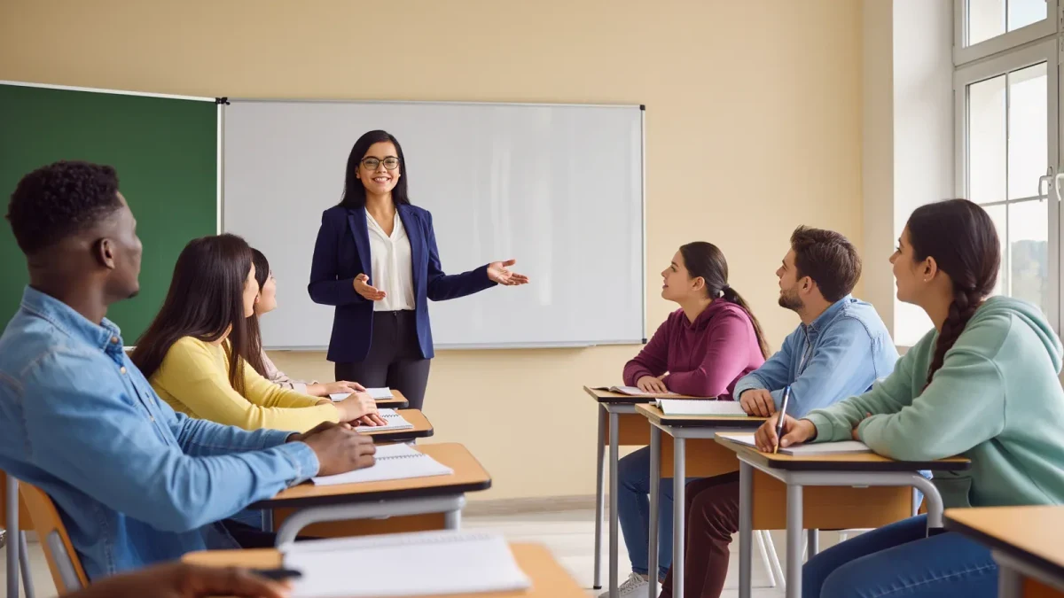 A former corporate trainer leading a high school discussion in a bright classroom