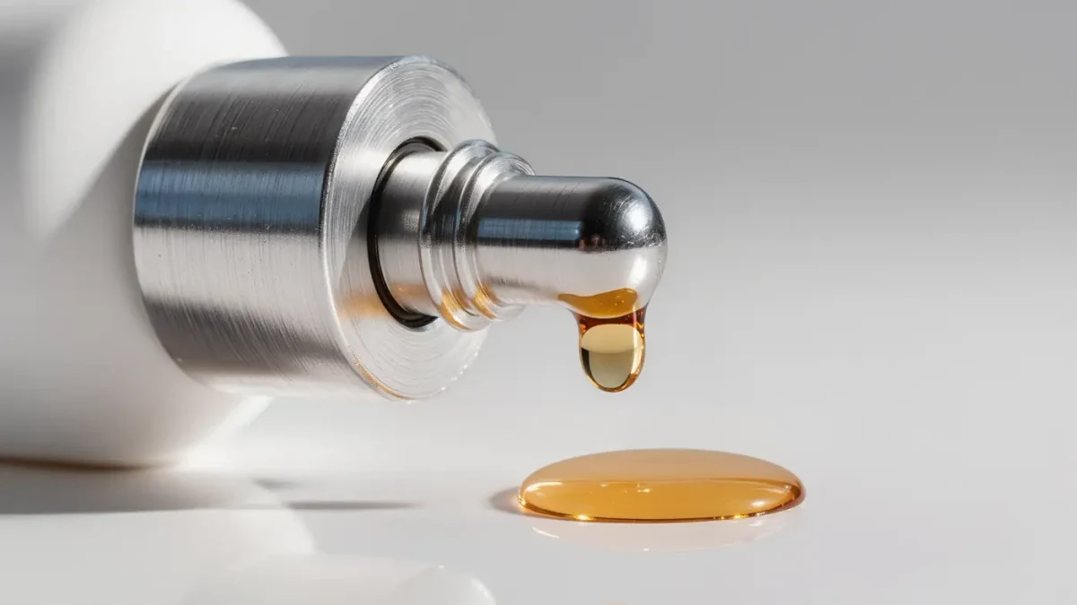 Macro close-up of unbranded clinical serum pump head with droplet