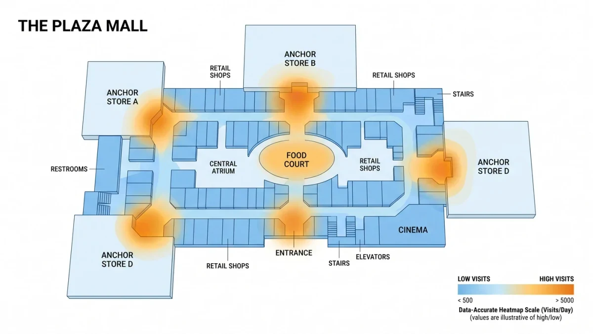 Heatmap of visitor density across a shopping mall floor plan