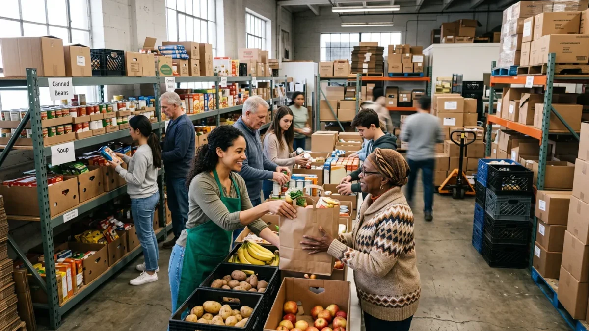 Volunteer sorting grocery donations at a community food bank