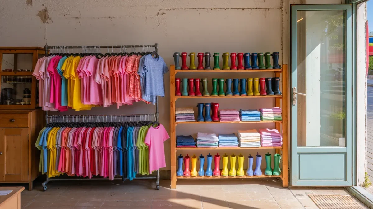 A bright consignment shop corner with racks of colorful kids clothing and stacked board games