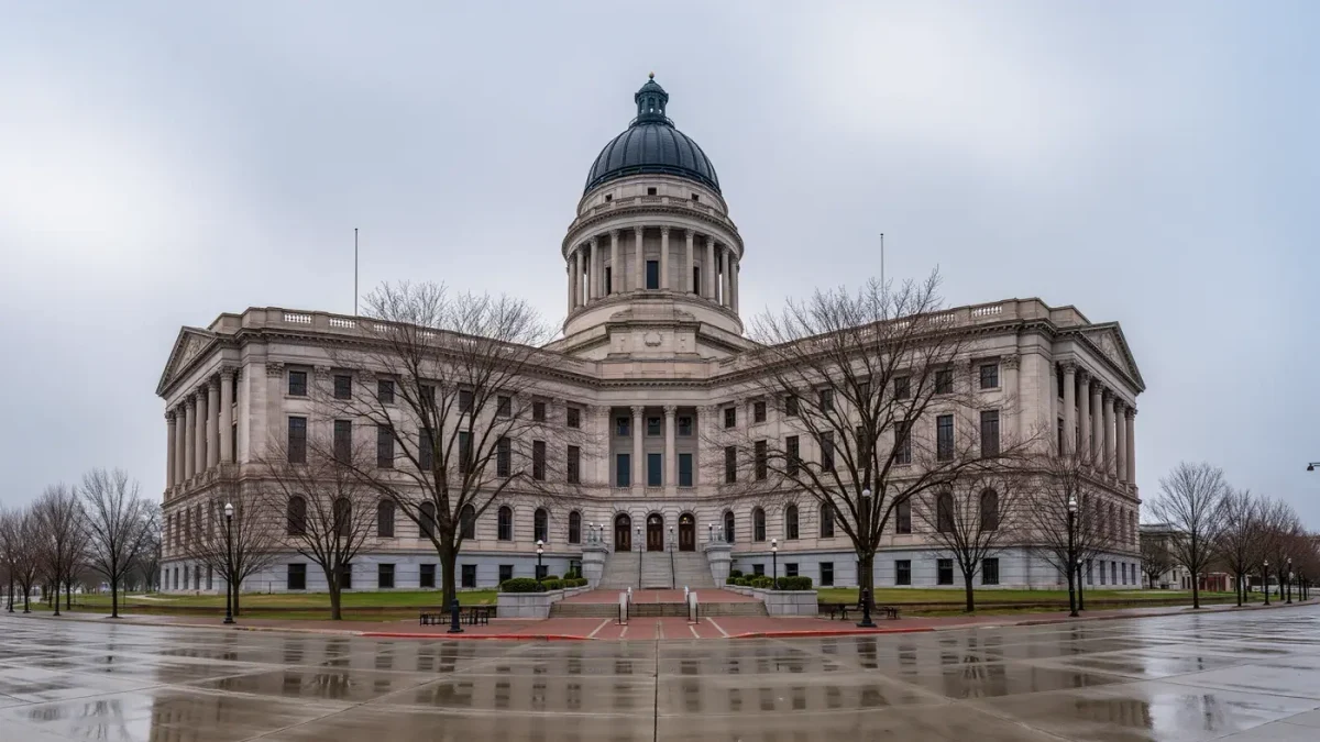 State capitol building exterior with bare trees on an overcast morning