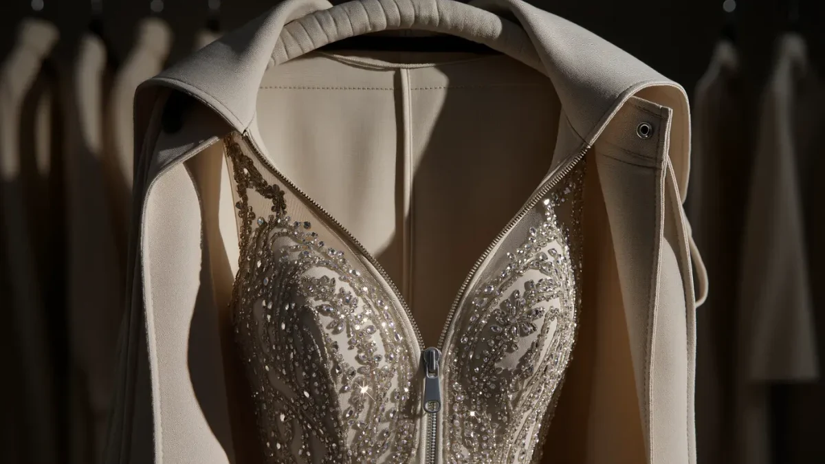 Crystal-embroidered couture gown sealed inside a canvas garment bag