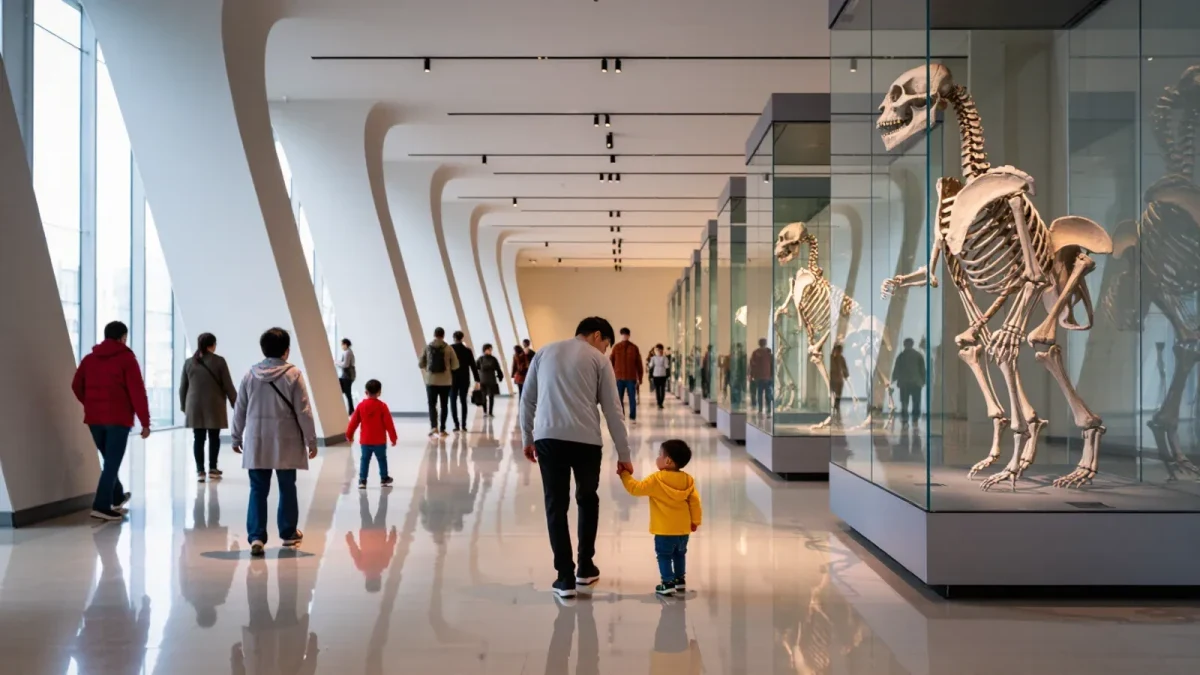 Parent and small child exploring bright museum gallery together