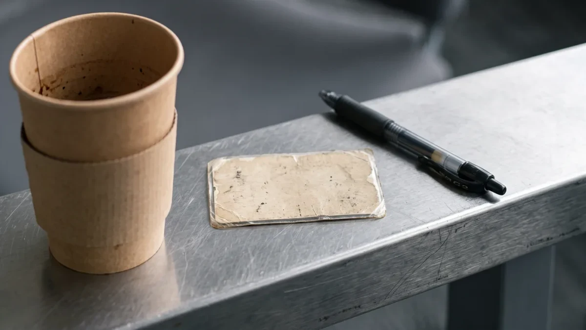 Close-up of a small printed advisement card resting on a metal table edge