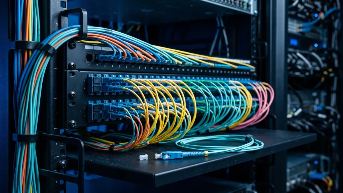 Fiber optic junction panel with patch cables in a rack