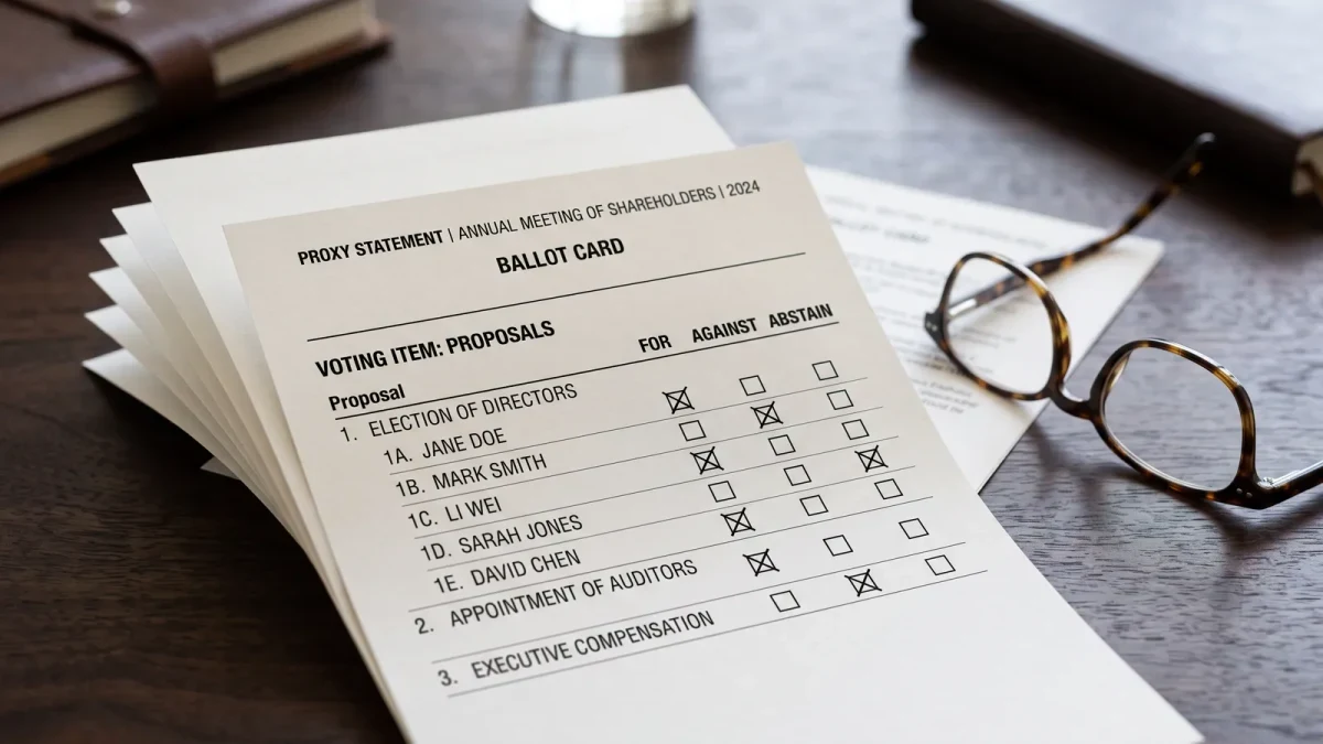 Close-up of a proxy ballot listing candidates under a meeting notice