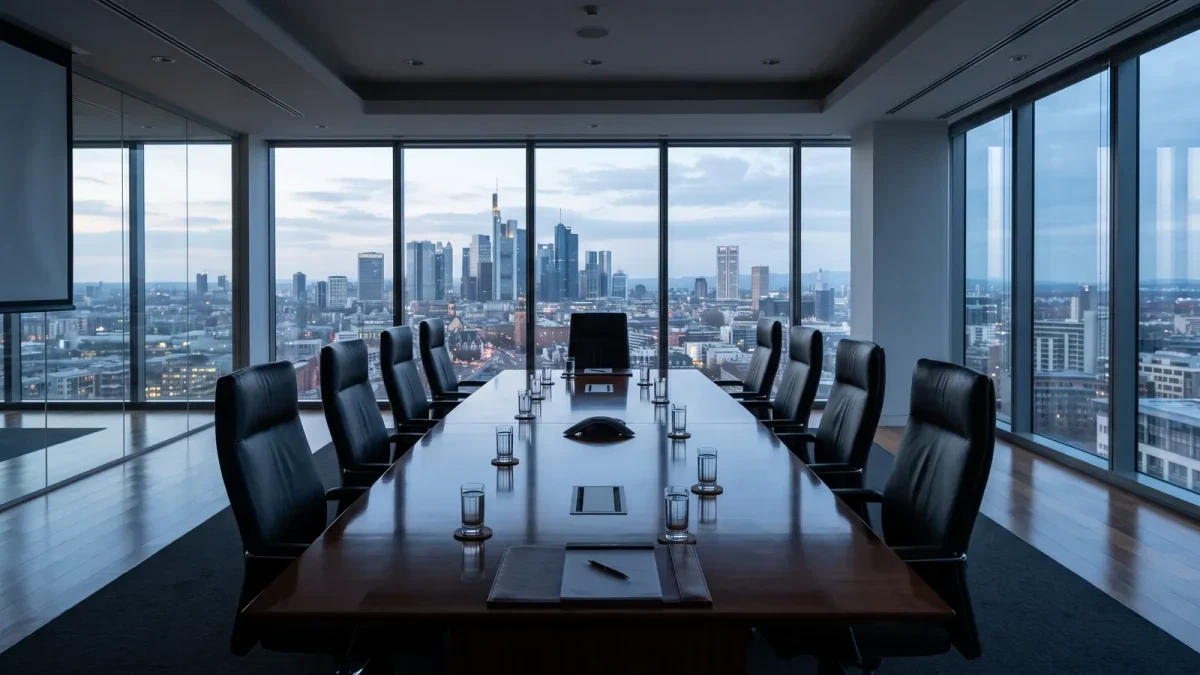 Empty corporate boardroom with a long table under morning light