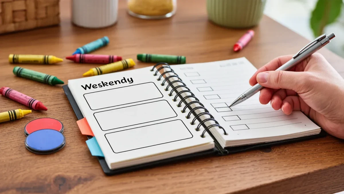 Handwritten family weekend plan on a kitchen notebook