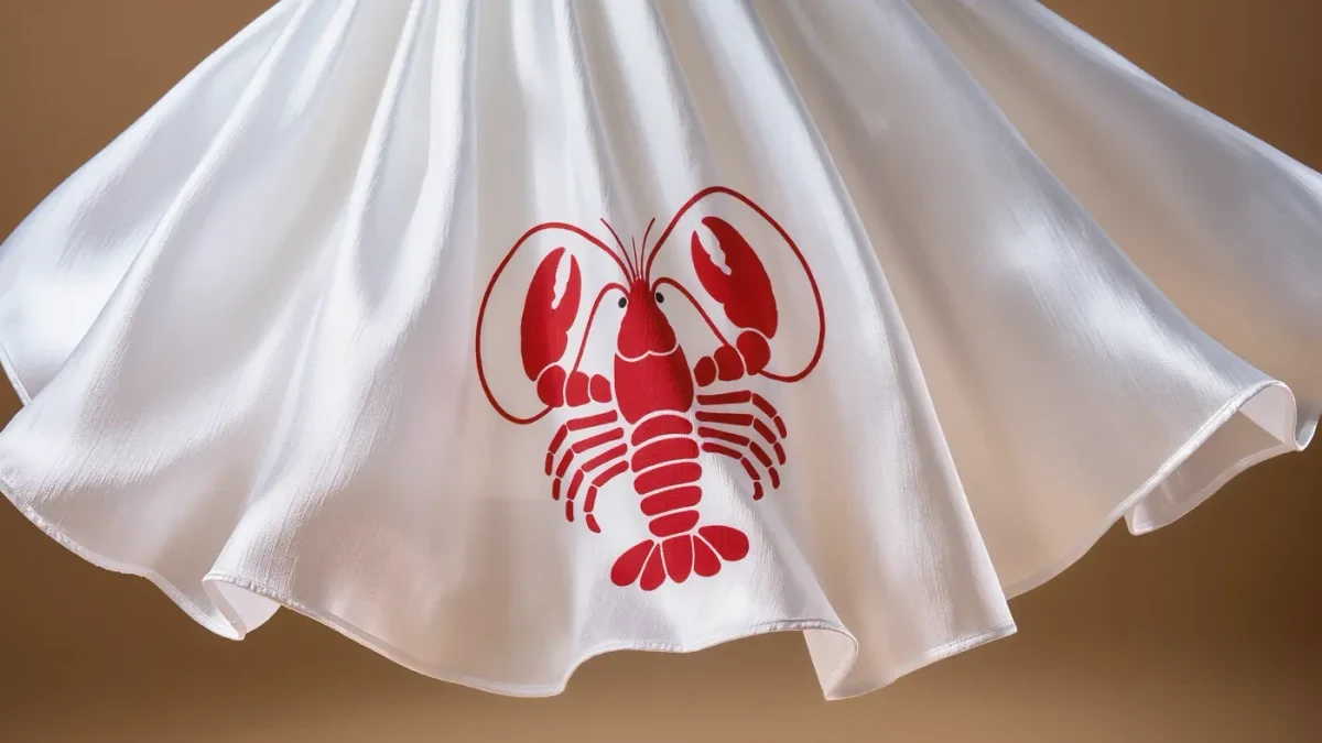 Close-up of white organza fabric with a large red lobster print curving over a skirt