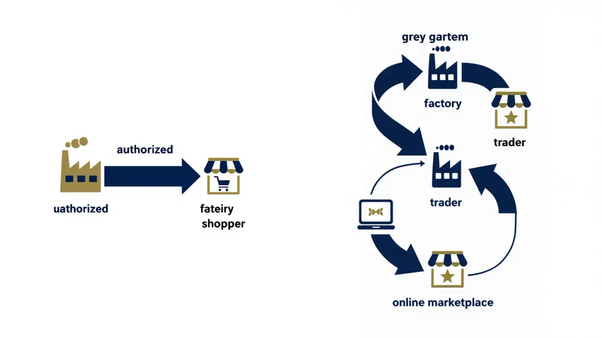 Clean infographic contrasting authorized versus diverted cosmetics distribution routes