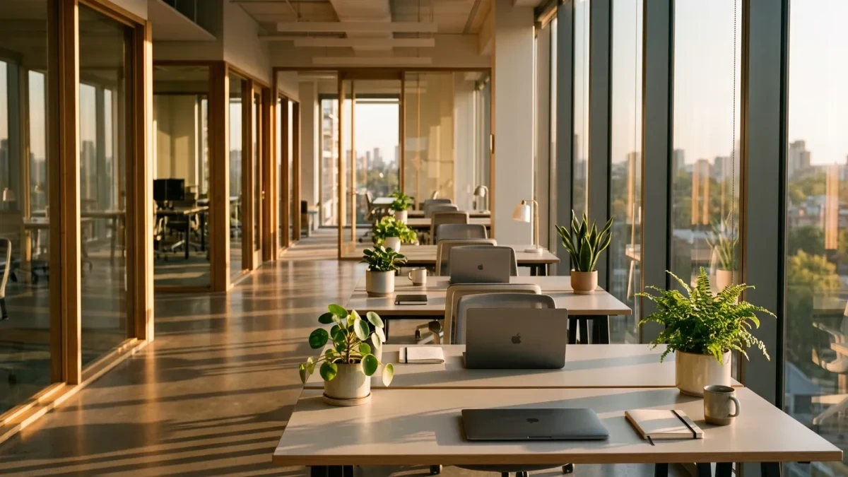 Empty modern office on a bright quiet Friday afternoon